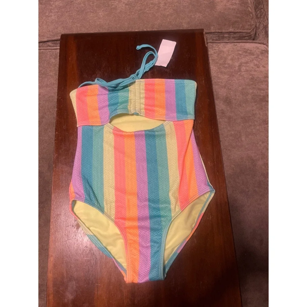 Cat & Jack Girls Rainbow Striped One Piece Swimsuit & Neon Pink Lace CoverUp Set